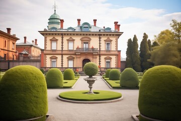 italianate mansion with belvedere and manicured topiary garden - obrazy, fototapety, plakaty