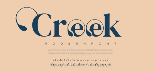 Creek Elegant luxury abstract wedding fashion logo font alphabet. Minimal classic urban fonts for logo, brand etc. Typography typeface uppercase lowercase and number. vector illustration - obrazy, fototapety, plakaty