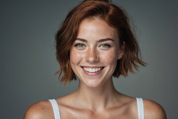 Young beautiful freckles woman with short hair, healthy skin and teeth on a plain background. Close up portrait. Generative AI