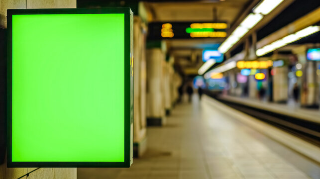 empty green advertising screen in a subway setting with a blurred background showing a metro station platform and an approaching train