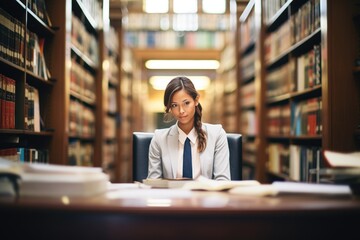 female paralegal researching law books in a library setting - obrazy, fototapety, plakaty
