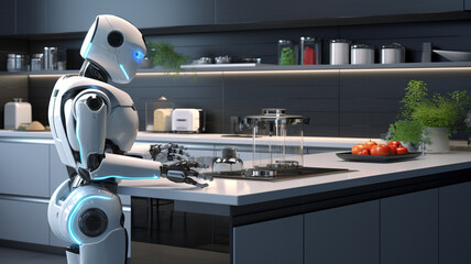  humanoid robot working in the kitchen of a modern house generativa IA