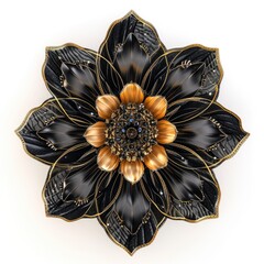 A black and gold flower brooch on a white surface. - obrazy, fototapety, plakaty