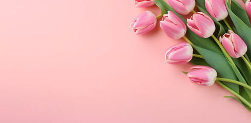 Pink tulips on a pink background. Mother's day, Valentine's Day. Horizontal banner with space for text, top view