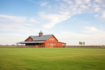 rustic wooden barn with red brick accents in prairie field