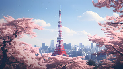 illustration of tokyo tower background with cherry blossom trees - obrazy, fototapety, plakaty