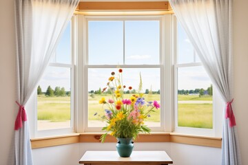 prairie wildflowers framing the view through a ribbon window