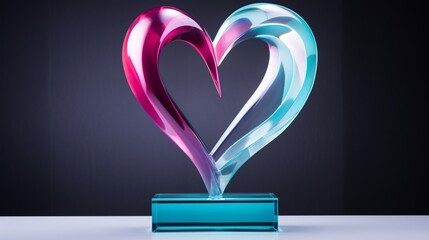 A heart-shaped award trophy in vibrant hues of magenta and teal, symbolizing passion and excellence, glistening under the light against a pure white setting.