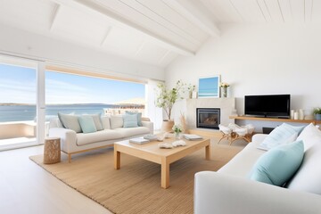 Naklejka na ściany i meble coastal living room with panorama of the sea