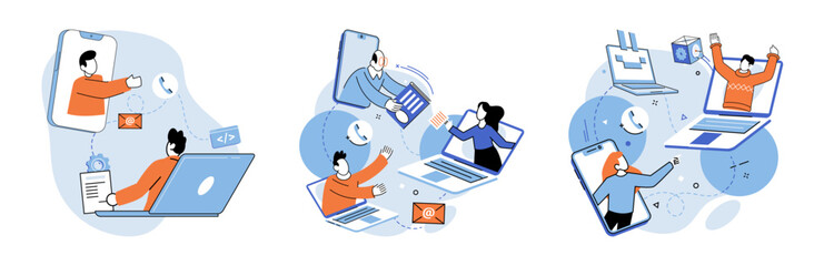 Online team vector illustration. The online team harnessed digital technology to enhance their collaboration The cooperation among team members in remote setting led to success The digital platforms