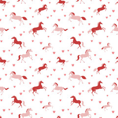 Pink ponies and hearts on a white background, seamless vector pattern