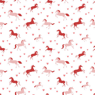 Pink ponies and hearts on a white background, seamless vector pattern