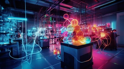 a laboratory setting, where scientists study colorful optical fibers and cables, their experiments contributing to advancements in high-speed data transmission,  - obrazy, fototapety, plakaty