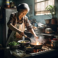 Asian grandmother cooks traditional dishes in a dim, cluttered kitchen, preserving cultural heritage with heartfelt culinary artistry