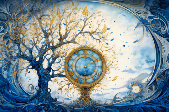 Blue fantasy illustration of a stylized tree holding a clock in watercolor