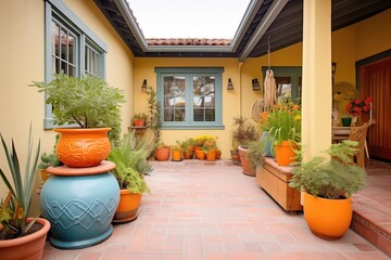 Fototapeta na wymiar spanish revival home surrounded by terracotta pot garden