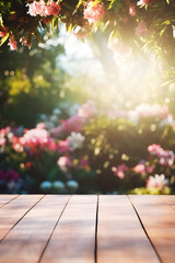 Empty wooden table mockup with defocused blooming flowers, green plants and evening glow in background, summer vacation and travel concept
