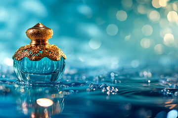 Elegant perfume bottle on water. Luxury, elegance and cosmetics concept.