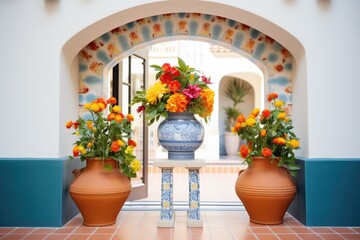 classic spanish archway with terracotta pot floral arrangement