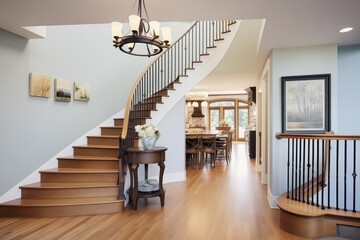 curved staircase with wrought iron handrail in luxury foyer