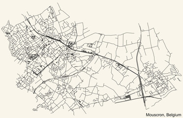 Detailed hand-drawn navigational urban street roads map of the Belgian city of MOUSCRON, BELGIUM with solid road lines and name tag on vintage background