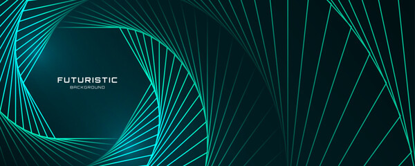 3D green techno abstract background overlap layer on dark space with glowing lines shape decoration. Modern graphic design element future style concept for banner, flyer, card or brochure cover - obrazy, fototapety, plakaty