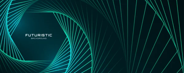 Deurstickers 3D green techno abstract background overlap layer on dark space with glowing lines shape decoration. Modern graphic design element future style concept for banner, flyer, card or brochure cover © Arroyan Art