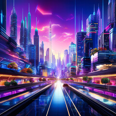 3d graphic of a neon cyber cityscape