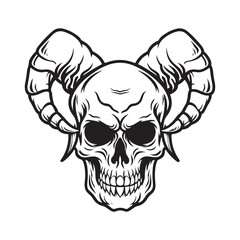 Scary Skull With Horn Black Outline Vector isolated on white background