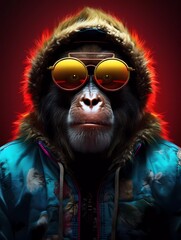 DJ monkey wearing sunglasses and hoodie, with colorful neon lights. generative ai