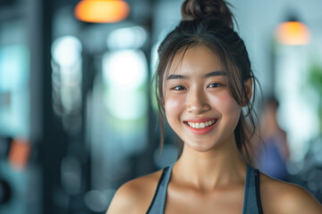 Happy girl feel refreshed and energized after sport workout in fitness. Exercise and healthy concept