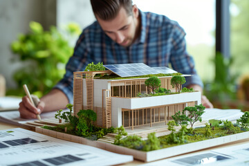 Architect modeling of eco house use green and environment friendly energy, sustainable life concept