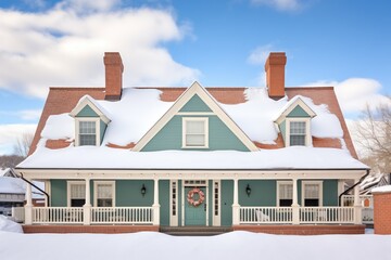 fresh snow on the roof of a colonial revival house with dormers