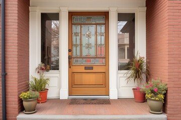 wooden front door with transom on a colonial revival property