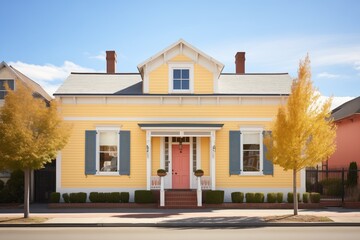 Fototapeta premium sunlit facade of a colonial revival with shutters