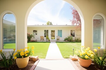 arched white doorways leading to a sunfilled garden