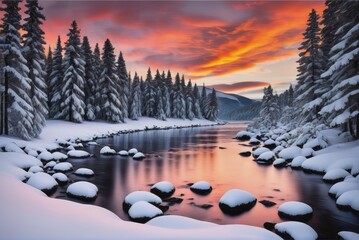 Captivating Photograph of a Snowy Sunset Scene  - obrazy, fototapety, plakaty