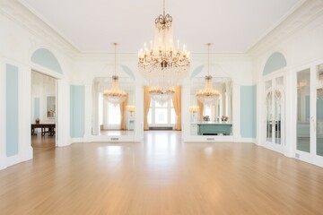 grand room with white arcades and chandeliers