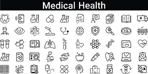 Medical icons line set. Laboratory, research, hospital, Healthcare, check up, doctor, dentistry, pharmacy, lab, scientific discovery, collection. Vector illustration.