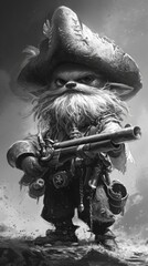 A black and white photo of a pirate with a gun.