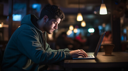 A young boy earnestly working on a laptop, offering a glimpse of real life inside the restaurant - obrazy, fototapety, plakaty