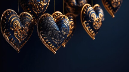 Blue Valentines with golden pattern. Beautiful decorative hearts on dark blue background. Valentine's day, Christmas and New Year background with heart-shaped pendants. Love, Wedding, Romantic banner