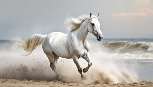 Majestic White Horse Galloping Along a Sandy Beach. With its mane flowing in the wind, the mare exhibits freedom and power, stirring up a cloud of sand with its strong hooves. © Juri_Tichonow