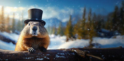 a ground hog wearing a top hat in the winter sun - obrazy, fototapety, plakaty