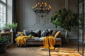 Scandinavian sofa with pillows and dark yellow blanket in bright living room interior with black...