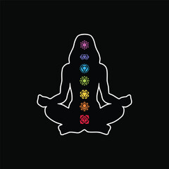 Chakra symbols set on dark background. Different styles, modern simple geometric icons and traditional sanskrit signs. Vector illustration.