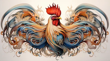  a rooster's plumage, their complexity and beauty showcased on a clean white canvas. © Khan