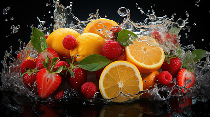 A splash of mixed fruit juice with a variety of fruits