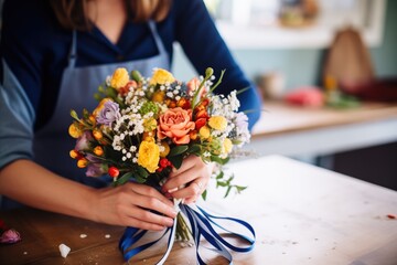 hands tying ribbon on a freshly made floral bouquet