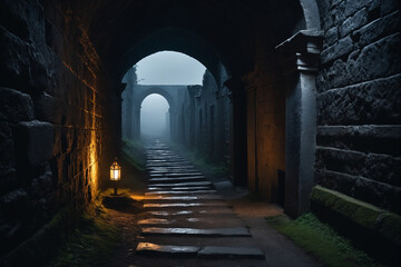 Obraz premium A path that proceeds to the horizon through a narrow and dark necropolis, dark and gloomy atmosphere - Concept for loneliness and depression